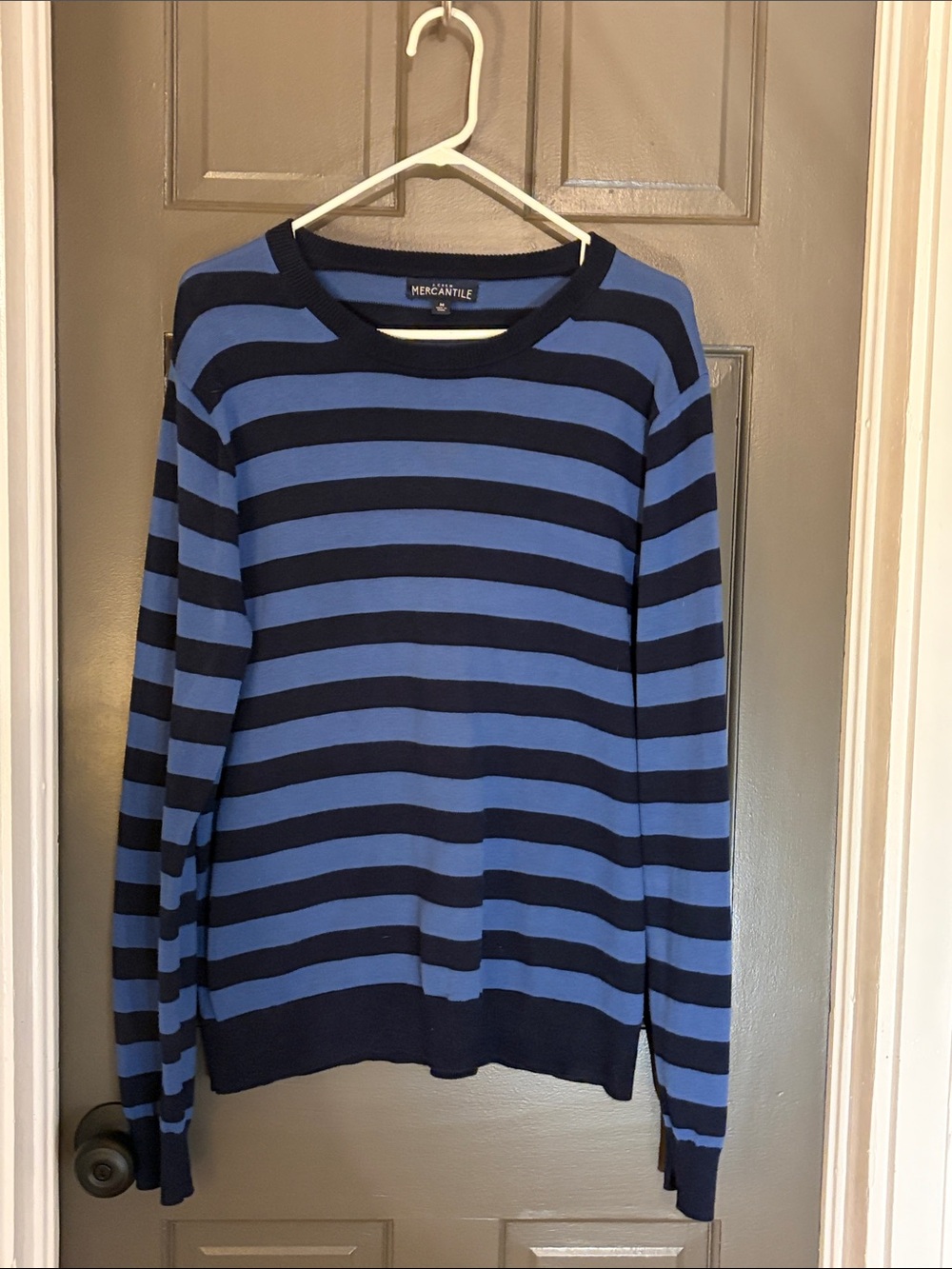 J. Crew Men's Navy and Blue Striped Crewneck Sweater